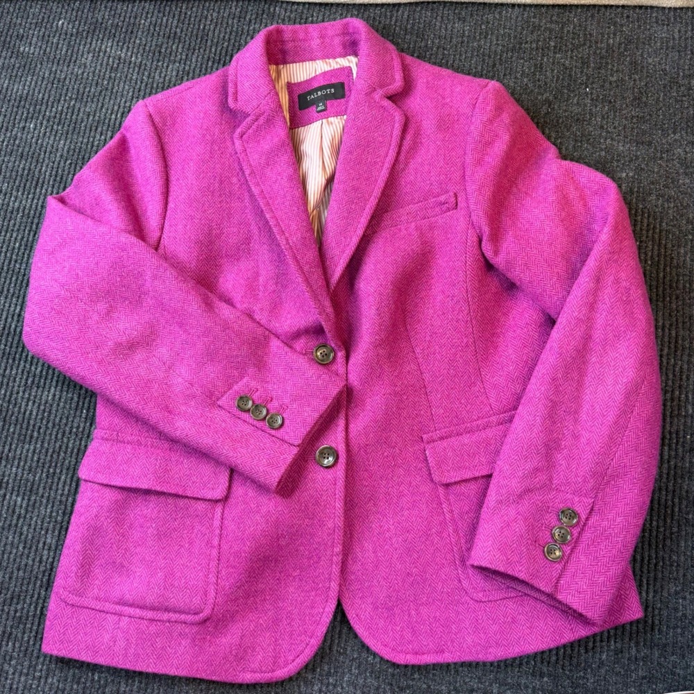 Talbots Womens Magenta Pink Herringbone Wool Blend Blazer Jacket Size 14